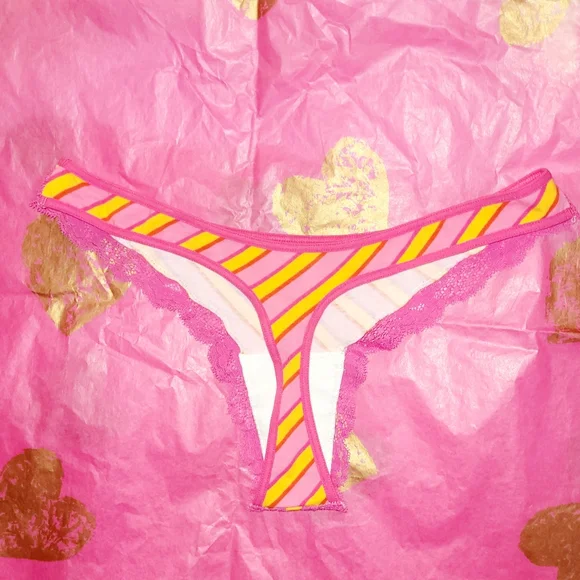 NEW VINTAGE VS PINK SMALL STRIPED THONG LACE TRIM COTTON PANTIES - Picture 7 of 9